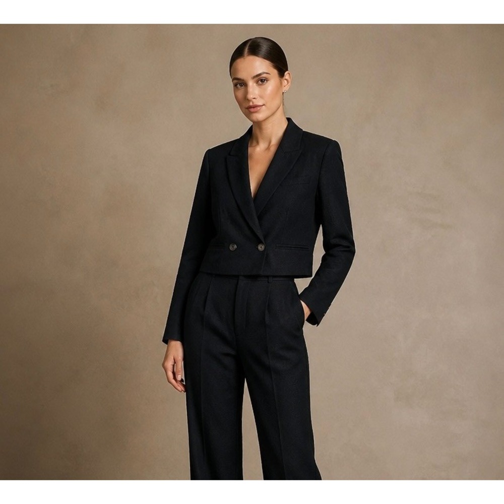 Jason Wu Blazer Women Size M Black Cropped Linen Blend Double Breasted Jacket